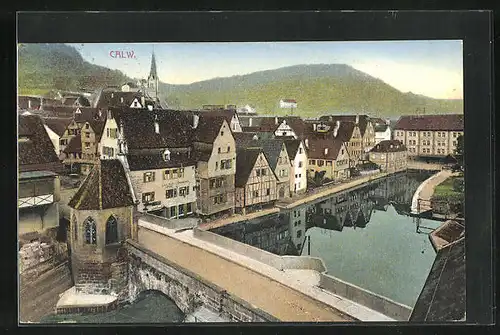 AK Calw, Ortspartie mit Brücke und Nagold