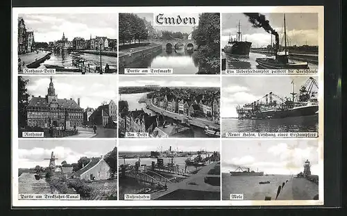 AK Emden, Blick auf Rathaus, Aussenhafen, Mole, Überseedampfer an der Seeschleuse und neuen Hafen