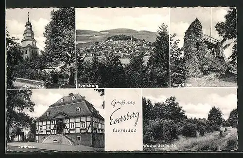 AK Eversberg / Sauerland, Pfarrkirche, Ortsansicht, Burgruine, Rathaus und Wacholderheide