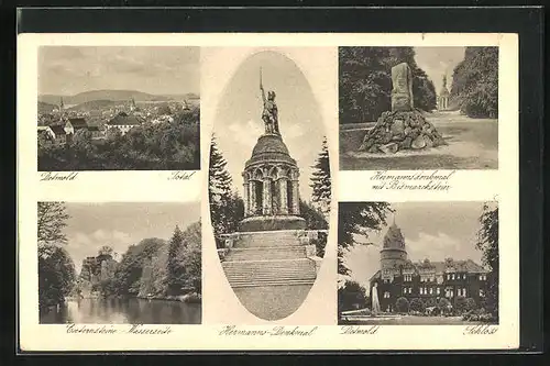 AK Detmold, Hermanns-Denkmal, Bismarckstein, Externsteine und Schloss