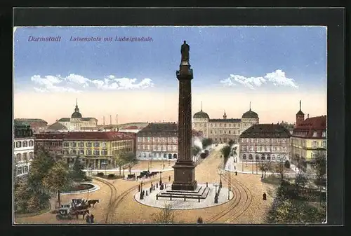 AK Darmstadt, Luisenplatz mit Ludwigssäule