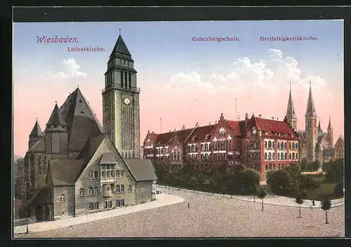 AK Wiesbaden, Lutherkirche, Gutenbergschule und Dreifaltigkeitskirche