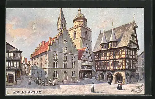 Künstler-AK Alsfeld, Partie am Marktplatz