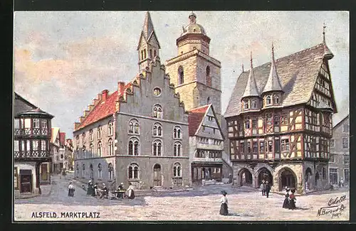 Künstler-AK Alsfeld, Marktplatz-Idylle