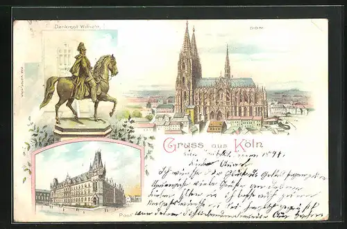Lithographie Köln, Post, Denkmal Wilhelm I., Dom