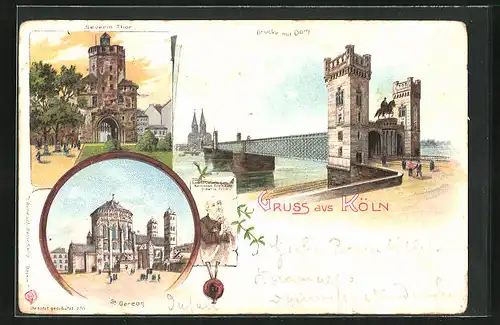 Lithographie Köln, Brücke mit Dom, Severin Tor, St. Gereon