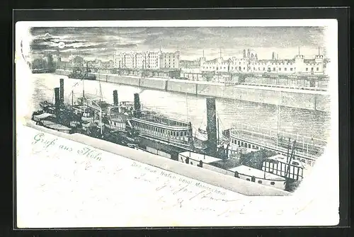 Lithographie Köln, neuer Hafen bei Mondschein