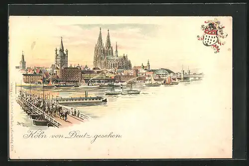 Lithographie Köln, Teilansicht mit Dom, Stadtwappen