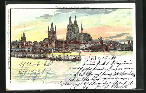 Lithographie Köln, Panorama v. d. Schiffsbrücke gesehen