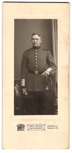 Fotografie Sev. Schoy, Colmar, Rufacherstrasse 48, Soldat des IR 171 mit Bajonett und Portepee am Koppel