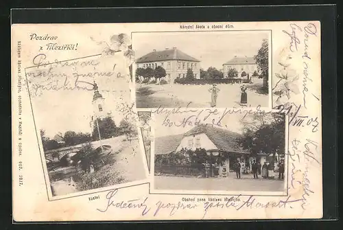 AK Mezirici, Kostel, Narodni skola a obecni dum, Obchod pana Vaclava Hladykho