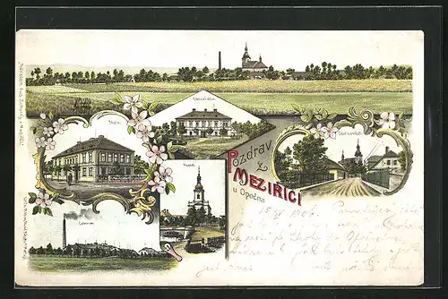 Lithographie Mezirici, Skola, Obecni dum, Kostel, Cukrovar, Celkový pohled