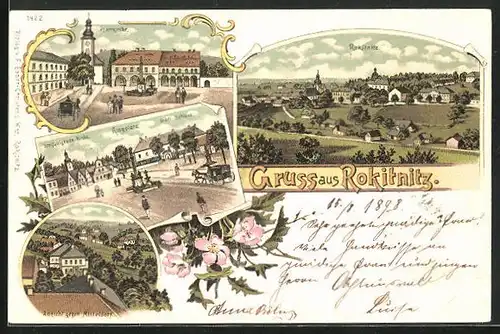 Lithographie Rokitnitz, Pfarrkirche, Ringplatz, Gräfl. Schloss, Totalansicht