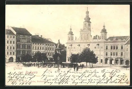 AK Budweis / Ceske Budejovice, Ringplatz mit Blick zum Rathaus