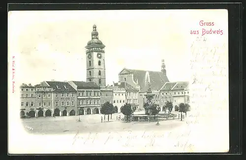 AK Budweis / Ceske Budejovice, Brunnen auf dem Ringplatz