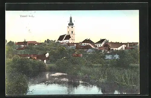 AK Veseli n. L., Teich mit Blick zur Kirche