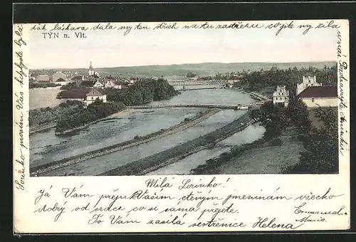 AK Tyn n. Vlt., Flusspartie mit Brücke und Teilen des Ortes