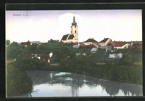 AK Veseli n. L., Teich mit Blick zur Kirche