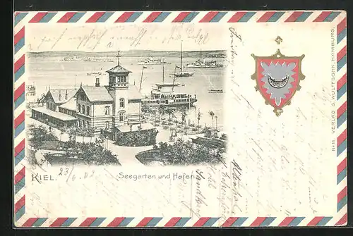 Präge-AK Kiel, Seegarten und Hafen, Dampfer vor der Küste, Wappen