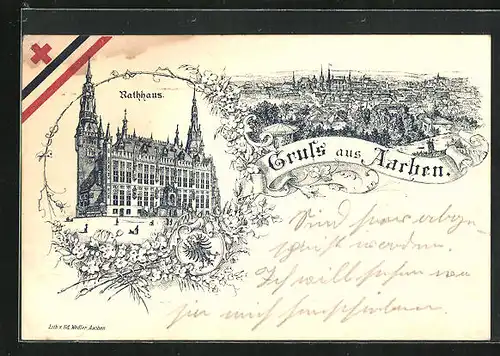 Lithographie Aachen, Rathaus, Ortsansicht