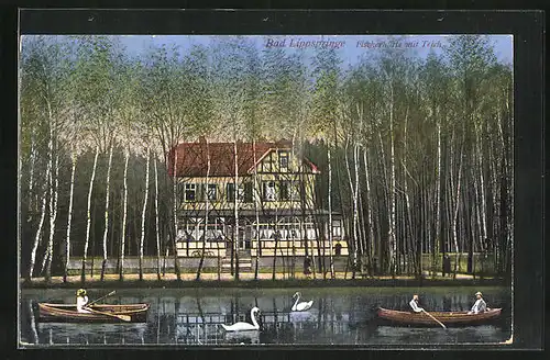 AK Bad Lippspringe, Gasthaus Fischerhütte mit Teich