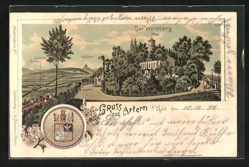 Lithographie Artern, Gasthaus Weinberg, Kyffhäuser, Wappen