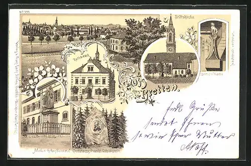 Lithographie Bretten, Melanchthon-Denkmal, Brettener Hundle, Stiftskirche