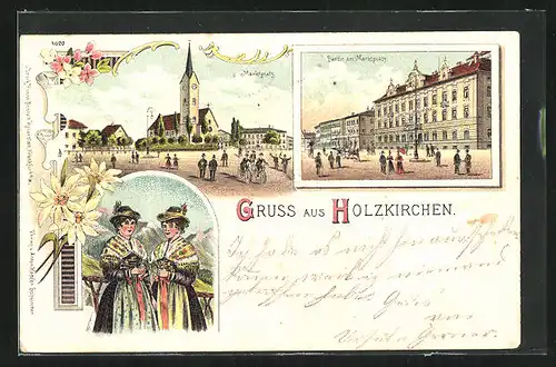 Lithographie Holzkirchen, Marktplatz, Holzkirchnerinnen in Tracht