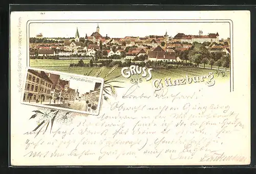 Lithographie Günzburg a. D., Totalansicht, Hauptstrasse