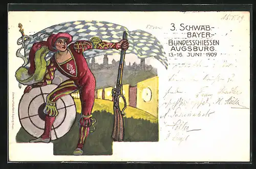 Künstler-AK Augsburg, 3. Schwäb.-Bayer. Bundesschiessen 1909, Schütze mit Muskete