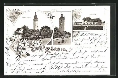 Lithographie Zörbig, Bahnhof, Schloss-Thurm, Hallischer Thurm