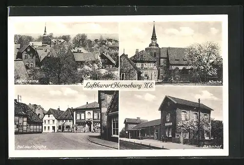AK Horneburg, Panorama, Bahnhof, Kirche