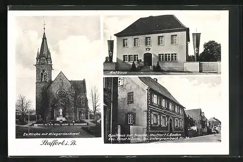 AK Staffort i. B., Gasthaus zur Traube, Ev. Kirche mit Kriegerdenkmal, Rathaus