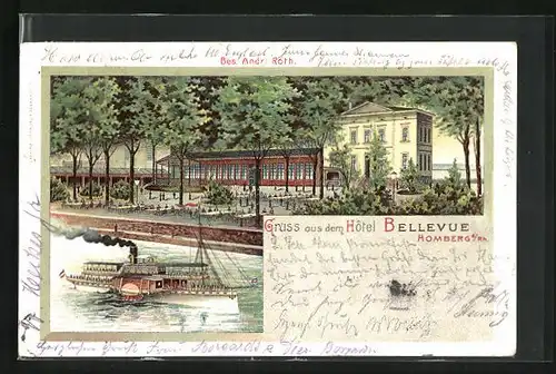 Lithographie Homberg / Rhein, Hotel Bellevue, Rheindampfer