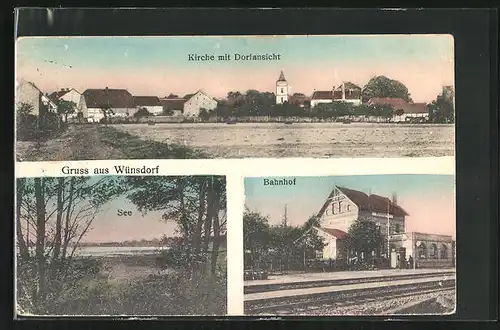 AK Wünsdorf, Bahnhof, See, Kirche mit Dorfansicht