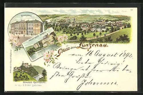 Lithographie Lunzenau, Schulhaus, Vogel`sche Fabrik, Schloss Rochusburg
