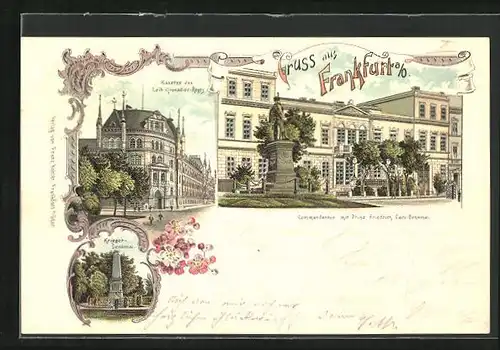 Lithographie Frankfurt a. O., Commandantur mit Prinz Friedrich Carl-Denkmal, Kaserne des Leib-Grenadier-Regiments