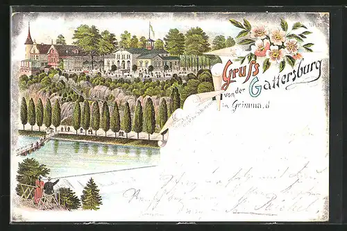 Vorläufer-Lithographie Grimma, 1895, Gasthaus Gattersburg mit Flusspromenade
