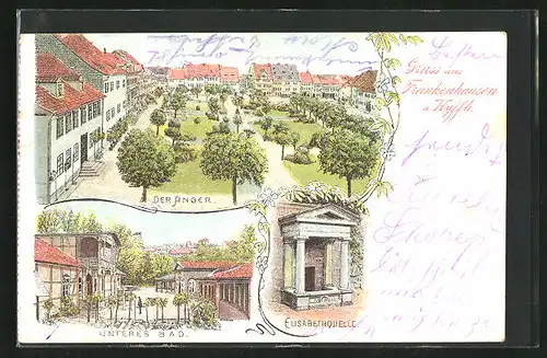 Lithographie Frankenhausen a. Kyffh., Unteres Bad, Der Anger, Elisabethquelle