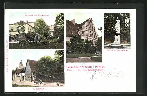 AK Ponitz, Gasthof Ponitz, Schloss, Brunnen im Schlossgarten
