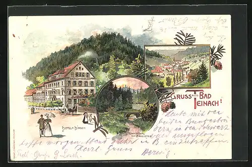 Lithographie Bad Teinach, Hotel zum Hirsch, Teinachthal mit Zavelstein