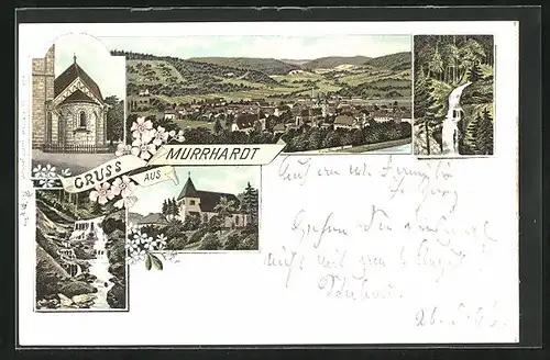 Lithographie Murrhardt, Kirche, Wasserfall, Gesamtansicht