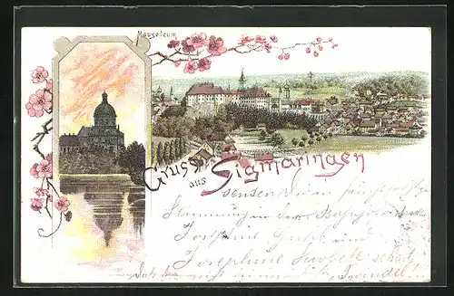 Lithographie Sigmaringen, Mausoleum, Gesamtansicht der Stadt mit Schloss