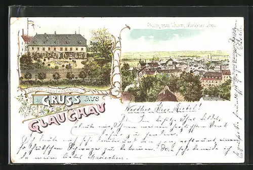 Lithographie Glauchau, Höhere Töchterschule, Aussicht vom Thurm