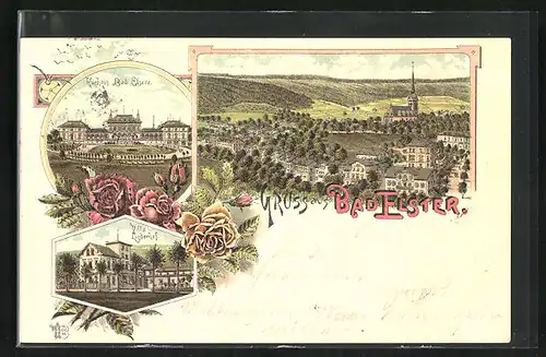 Lithographie Bad Elster, Kurhotel des Ortes, Villa Lindenhof, Totalansicht