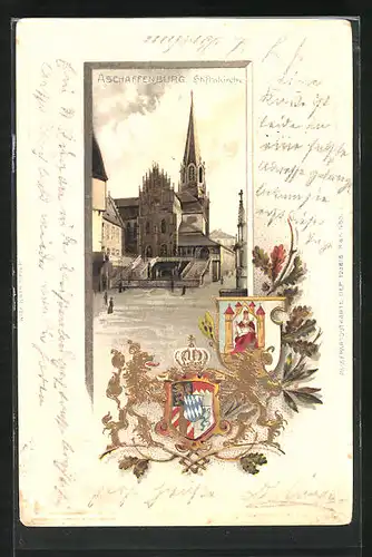 Passepartout-Lithographie Aschaffenburg, Stiftskirche, Wappen