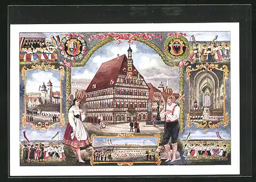 AK Markgröningen, Volksfest Schäferlauf, Mann und Frau in Tracht, tanzende Menschen