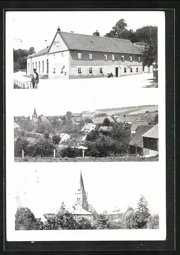 AK Dürrröhrsdorf, Gasthaus Eschdorf von Erwin Schubert, Ortsansicht mit Kirche