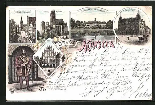 Lithographie Münster i. W., Hotel Ludgeri Hof, Rathaus, Kgl. Schloss