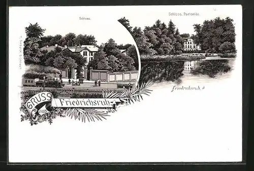 Lithographie Friedrichsruh, Schloss von der Strassen- und Parkseite